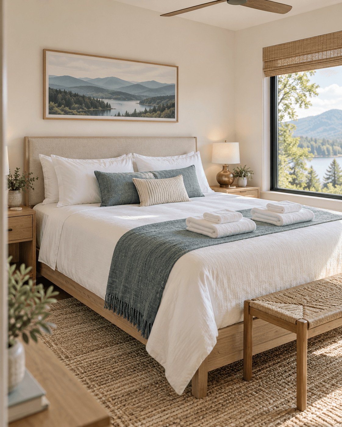 Freshly staged bedroom in a short-term rental with crisp white linens, folded towels, and a mountain lake view — ready for guest check-in after a Halcyon turnover